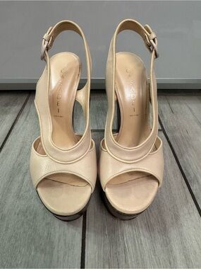 Casadei Beige Leather Platform Slingback Heels